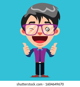 Funny Guy Cartoon Character With Glasses, Giving The Thumbs Up Sign.  Stock Illustration Vector