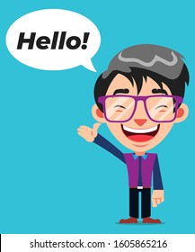 Funny Guy Cartoon Character With Glasses Say Hello Expression. Stock Illustration Vector