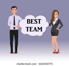 Funny Guy in casual business clothes with beautiful woman in business clothes with speech bubble with text Best team