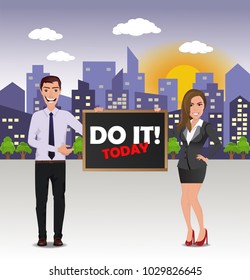 Funny Guy in casual business clothes with beautiful woman in business clothes with chalkboard with text Do It today