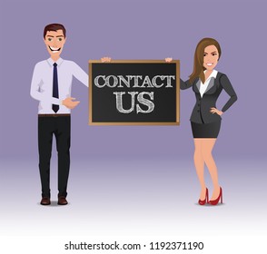 Funny Guy in casual business clothes with beautiful woman in business clothes with chalkboard with text Contact us