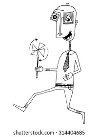 funny guy character with tie and cartoon eyes running with a windmill