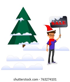 Funny guy with Christmas accessories and board with text Sale in forest near the christmas tree