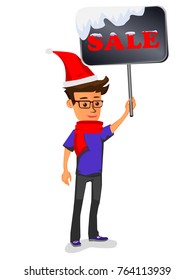 Funny guy with christmas accessories and board with text Sale