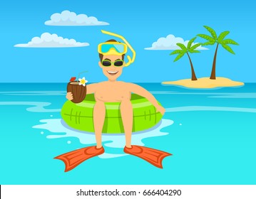 funny guy with coconut cocktail and snorkeling mask floating on inflatable inner ring in tropical ocean water, happy summer vacations vector illustration