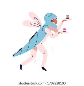 Funny guy in dragonfly costume carrying cake vector flat illustration. Male waiter in cute masquerade apparel bringing sweet dessert isolated on white. Man in colorful carnival wear at theme party
