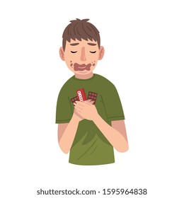 Funny Guy with Face Dirty with Melt Chocolate Holding Chocolate Bars, Sweet Tooth Man Cartoon Character Vector Illustration