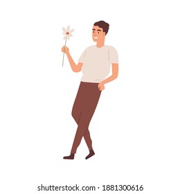 Funny guy holding white daisy flower vector flat illustration. Happy male carrying elegant meadow chamomile isolated on white background. Smiling man walking with blooming seasonal plant