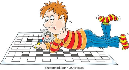 Funny guy lying on the floor with his cat and solving a big crossword puzzle, vector cartoon illustration on a white background