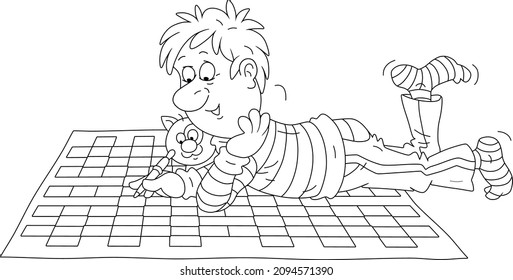 Funny guy lying on the floor with his cat and solving a big crossword puzzle, black and white outline vector cartoon illustration for a coloring book page