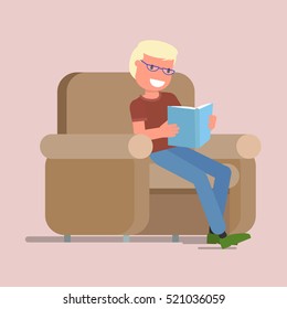 funny guy, man, character, reading a book. Vector illustration. flat design style