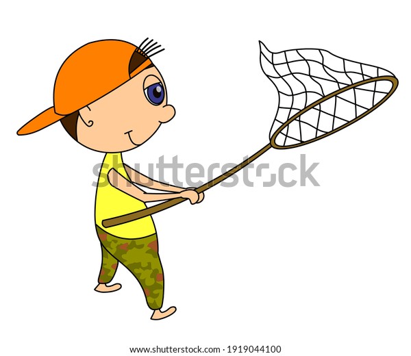 Funny guy with a net. Character with a\
cap in a flat style isolated on a white background. The image has a\
black outline.\
Vector.
