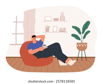 Funny guy on couch listening relaxing music. Cartoon man wearing headphones with coffee cup, home recreation, cozy room, vector illustration