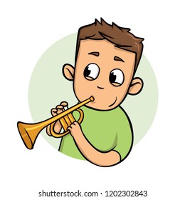 Funny guy playing trumpet. Cartoon flat design icon. Flat vector illustration. Isolated on white background.