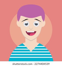 Funny guy with purple hair and drunk or stoned eyes in a striped blue t-shirt on a pink background. NFT avatar. Male human person character. Avatar Crypto art NFT token metaverse