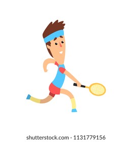 Funny guy with racket in hand running forward to hit the ball. Man taking part in tennis tournament. Summer Olympic game. Flat vector design