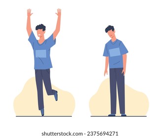 Funny guy and sad guy. Good and bad mood. Different emotions. Successful and unsuccessful worker. Negative and positive character. Mental health. Cartoon flat isolated vector concept