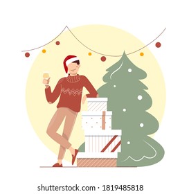 Funny guy in Santa hat drinking champagne and celebrate Christmas. Cute cartoon young man near gift boxes under garland. Winter holiday background.