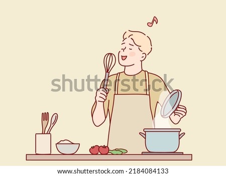 Funny guy singing song holding beater whisk microphone listening music in modern kitchen. Hand drawn style vector design illustrations.