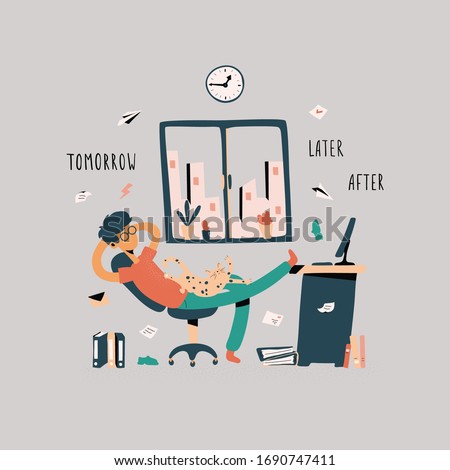 Funny guy sitting with his legs on desk, dreaming and procrastinating instead of working. Resting office worker, student. Vector Illustration in flat cartoon style