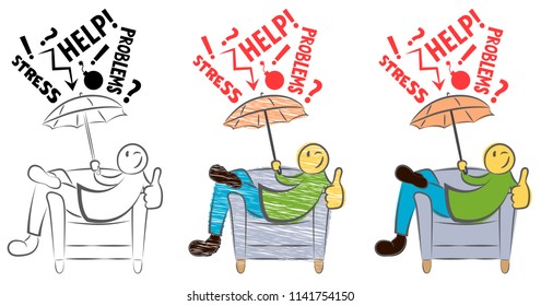 Funny guy sitting on a chair and showing thumbs up. Happy person is protected from fails. Anti-stress. Man solves The Problem. Self Confidence. Hand drawn cartoon doodle vector illustration. Icon.