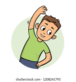 Funny Guy Streching And Exercising. Active Lifestyle. Cartoon Design Icon. Colorfull Flat Vector Illustration. Isolated On White Background.