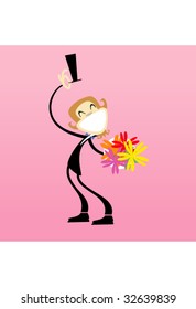 Funny guy in a suit lifting up his hat and showing some beautiful flowers.