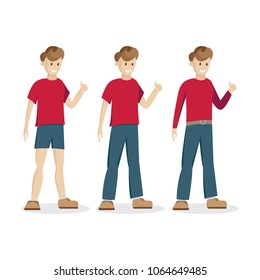 Funny guy in summer clothes. Cartoon man character vector illustrations set.
Man in different clothes with thumbs up hand.