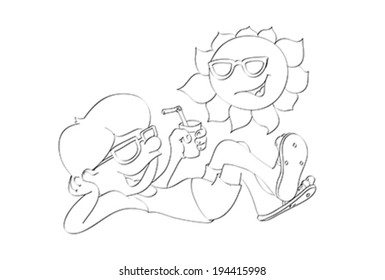 Funny guy in sunglasses with drink sunbathing on beach enjoying the sun and summer. Drawing, vector