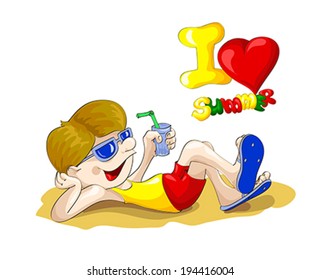 Funny guy in sunglasses with drink sunbathing on beach enjoying the sun and summer. Drawing, vector