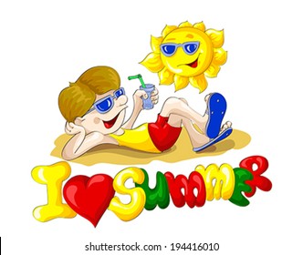 Funny guy in sunglasses with drink sunbathing on beach enjoying the sun and summer. Drawing, vector