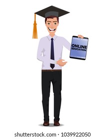 Funny Guy with tablet with text Online education and free blank space for your text