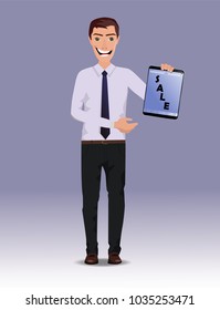 Funny Guy with tablet with text Sale and free blank space for your text