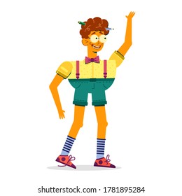 The funny guy waves his hand affable. Boy dork wearing glasses and short shorts smiling