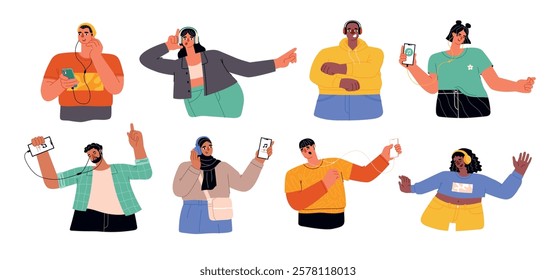 Funny guys and girls listen music. Cartoon young people with headphones, audio functions of smartphone, carefree lifestyle, vector set