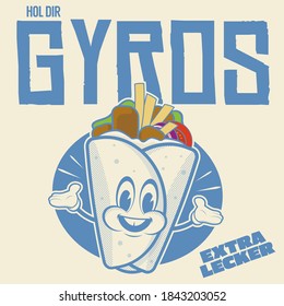 funny gyros or pita logo with german text that means get gyros extra delicious