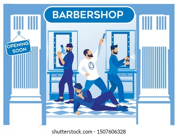 Funny Haircut Men Masters Posing with Work Equipment at Workplace in Cool Barbershop for Hipsters, Fashioned Barbers with Haircut Tools in Hands Dancing Disco Dance, Cartoon Flat Vector Illustration