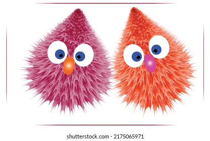 Funny hairy cartoon face design. red and orange gradient color used, isolated on white background, vector illustration 