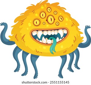 Funny hairy cartoon monster with multiple eyes, sharp teeth and long tongue sticking out, standing on spider legs, isolated on white background