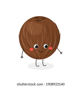 Funny hairy coconut cartoon character. Vector flat illustration isolated on white background  