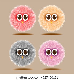 Funny hairy colorful balls cartoon. Cute fluffy round icon on cream background. Vector illustration