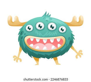 Funny Hairy Monster with Horns Standing with Open Mouth Vector Illustration