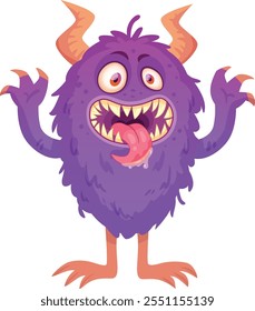 Funny hairy purple cartoon monster sticking its tongue out with saliva dripping, showing its teeth and claws up in a scary pose