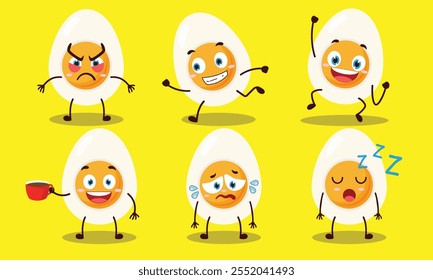 funny half boiled egg cartoon character with various pose activity design illustration
