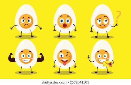 funny half boiled egg cartoon with different expressions character design illustration