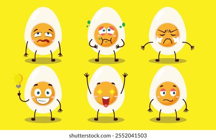 funny half boiled egg cartoon with different expressions design illustration