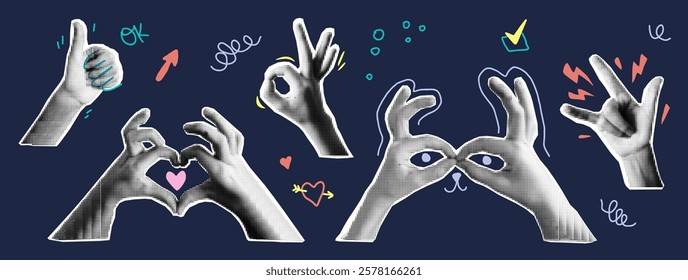 Funny halftone hands gesturing different communication signs with color graphic decoration set. Human arms conversation ok, rock, love symbols groovy grunge collage elements vector illustration