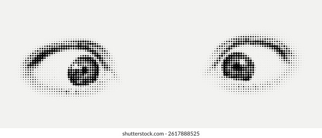 Funny halftone human eyes. Halftone dotted eye sight cutout style. Y2k retro vector collage template	
