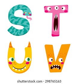 Funny Halloween alphabet with cute s t u v monster characters