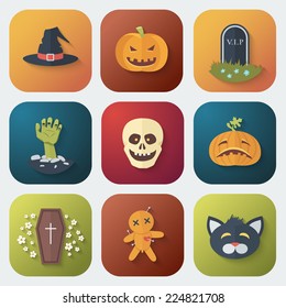 Funny Halloween App Icons Set in Flat Style with Long Shadows